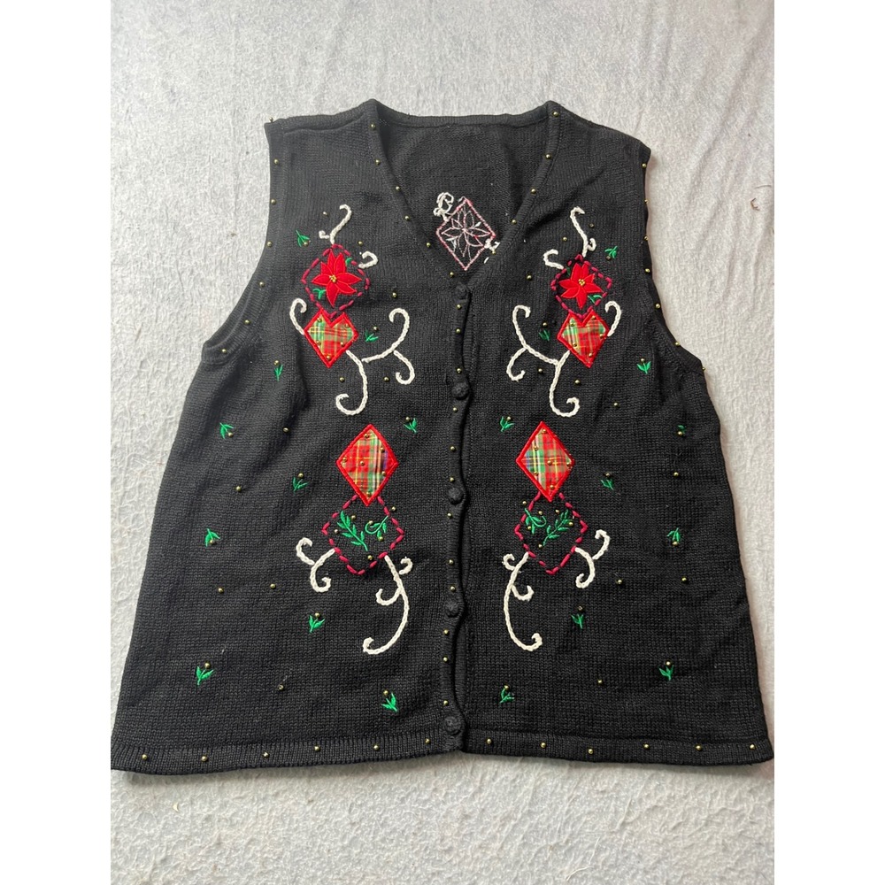 Black Button Front Embroidered Vest‎ Holiday Christmas vintage 90s Women's M